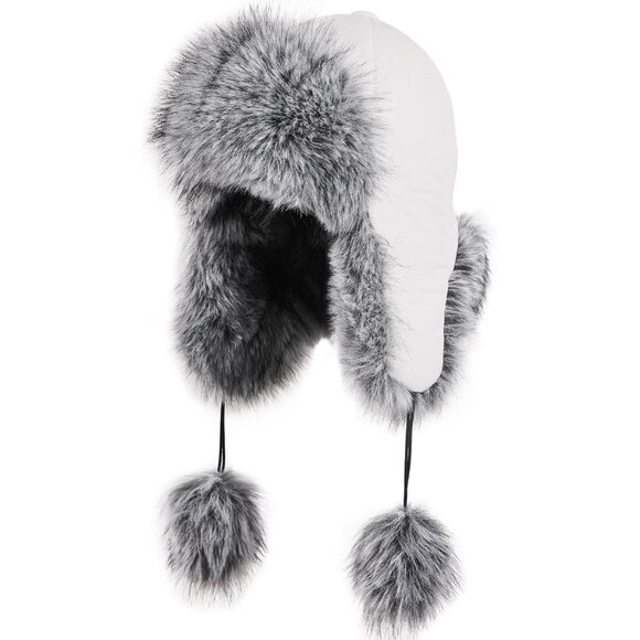 ⚡Women White Faux Fur Trapper Pompoms Warm Classic Ear Flaps Fuzzy Bobble Cap - Picture 1 of 6